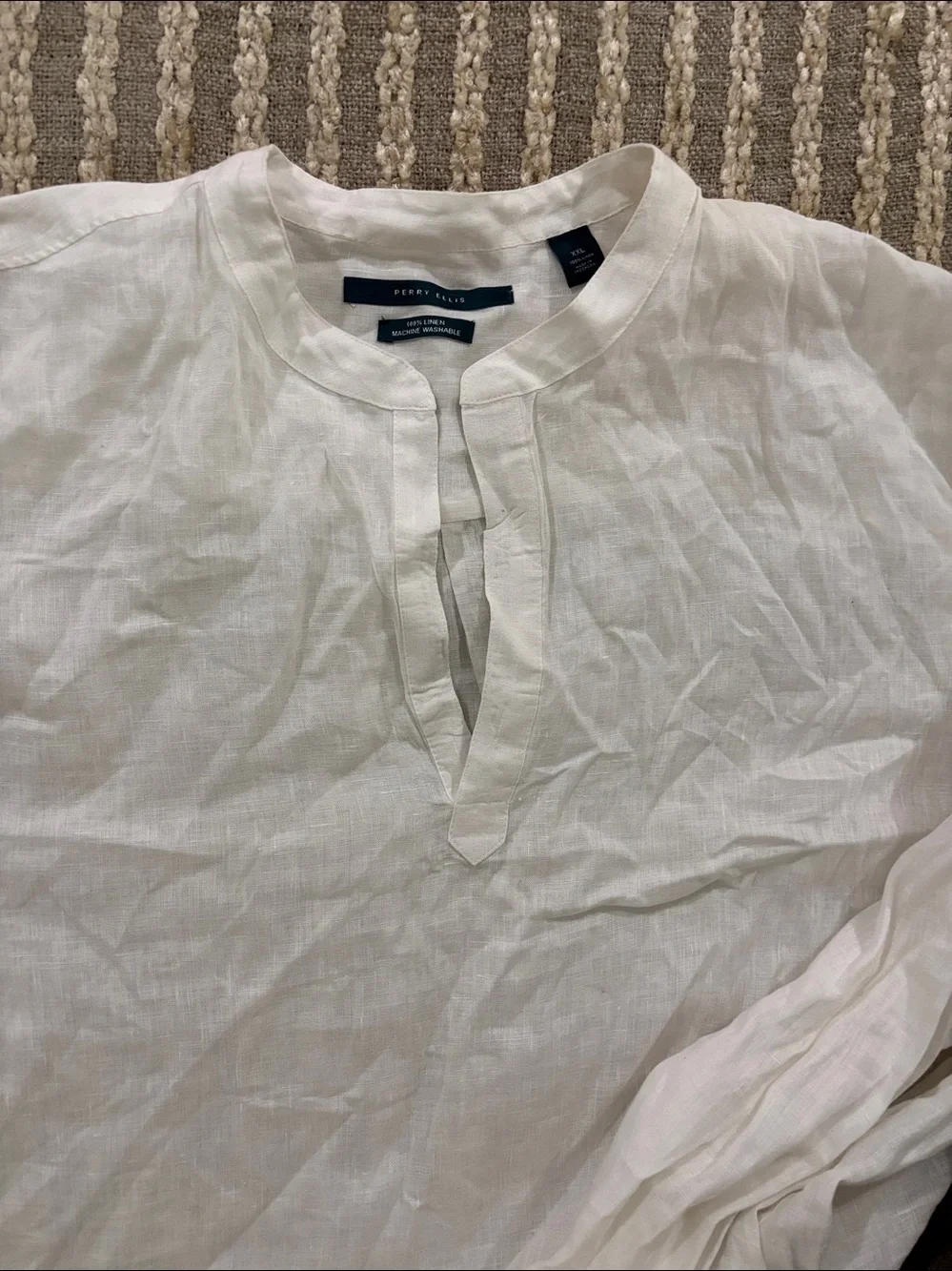 Perry Ellis Solid Men's White Linen Mandarin Collar Shirt Size XXL